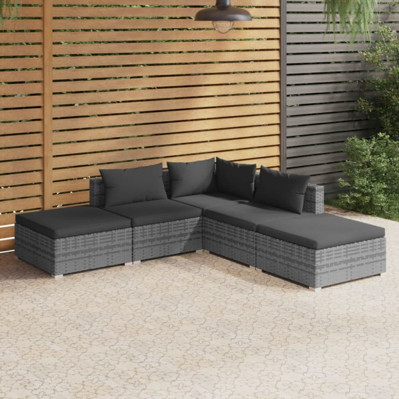 vidaXL Set de muebles de jardín 5 pzas y cojines ratán sintético gris vidaXL Set de muebles de jardín 5 pzas y cojines ratán sintético gris