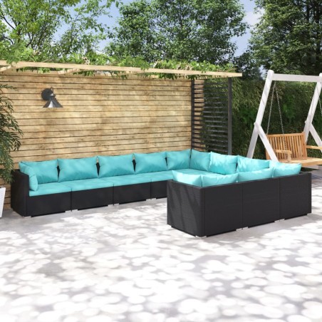 vidaXL Set de muebles de jardín 10 pzas cojines ratán sintético negro