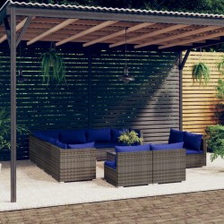 vidaXL Set de muebles de jardín 12 pzas cojines ratán sintético gris
