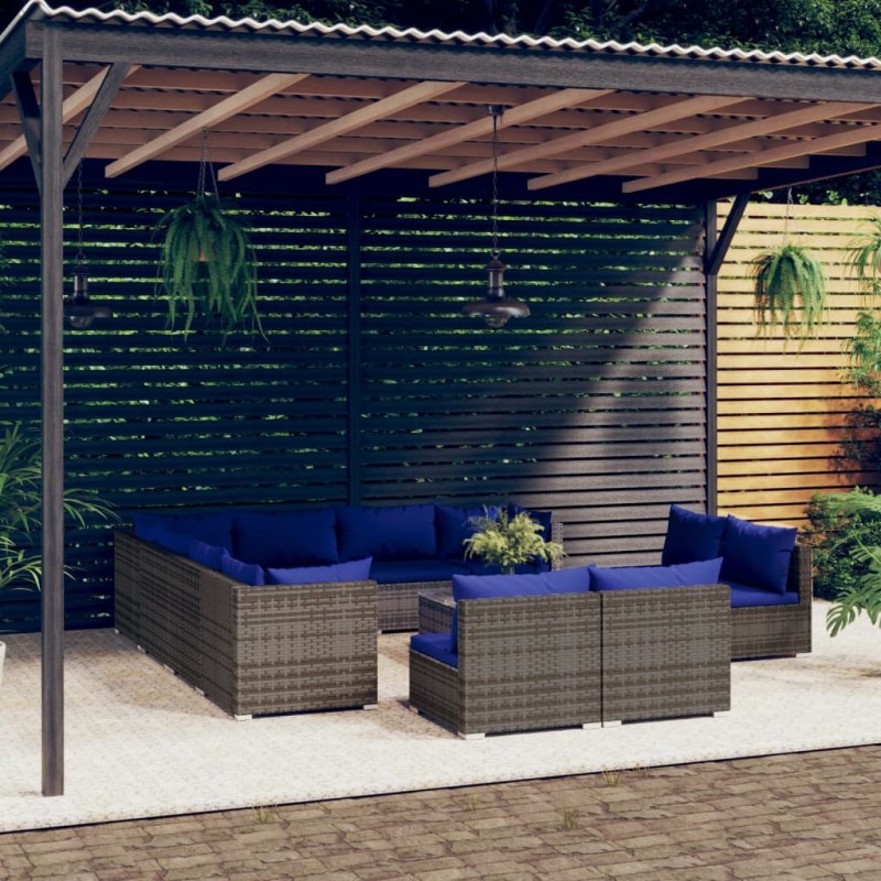 vidaXL Set de muebles de jardín 12 pzas cojines ratán sintético gris vidaXL Set de muebles de jardín 12 pzas cojines ratán sintético gris
