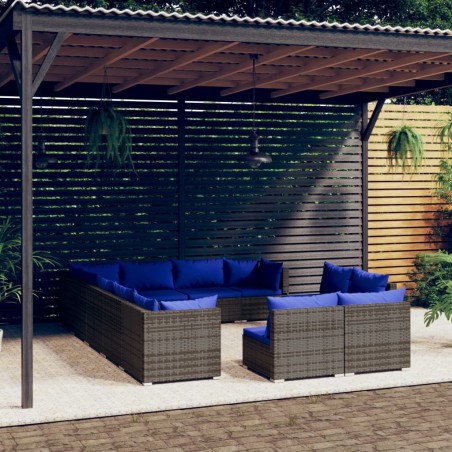 vidaXL Set de muebles de jardín 12 pzas cojines ratán sintético gris