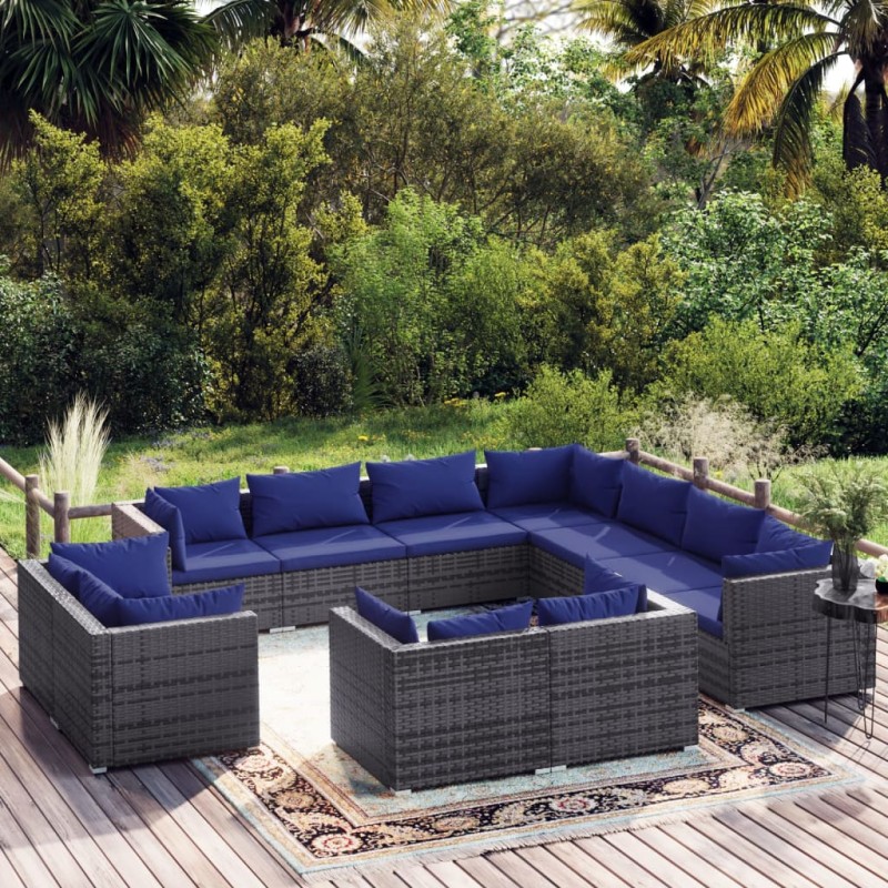 vidaXL Set de muebles de jardín 11 pzas y cojines ratán sintético gris vidaXL Set de muebles de jardín 11 pzas y cojines ratán sintético gris