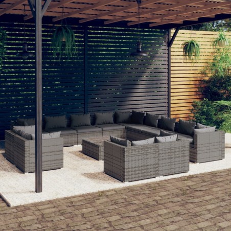 vidaXL Set de muebles de jardín 14 pzas y cojines ratán sintético gris