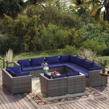 vidaXL Set de muebles de jardín 12 pzas y cojines ratán sintético gris