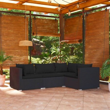 vidaXL Set de muebles de jardín 4 pzas y cojines ratán sintético negro