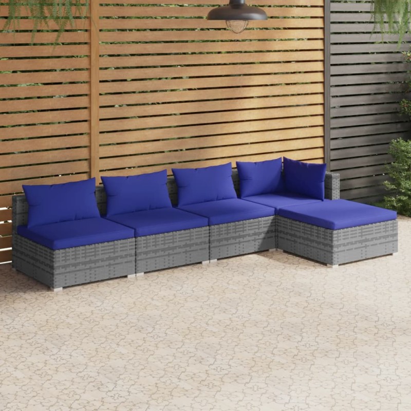vidaXL Set de sofás de jardín 5 piezas y cojines ratán sintético gris vidaXL Set de sofás de jardín 5 piezas y cojines ratán sintético gris