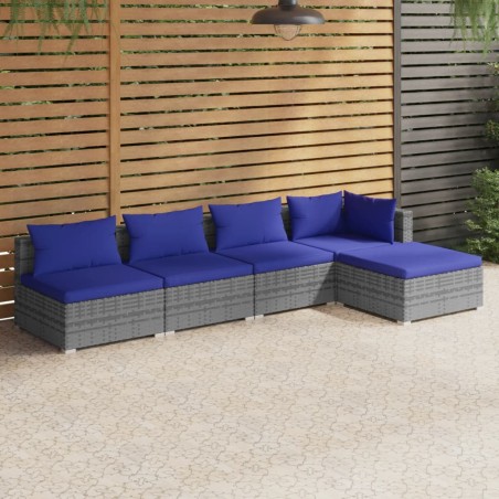 vidaXL Set de sofás de jardín 5 piezas y cojines ratán sintético gris