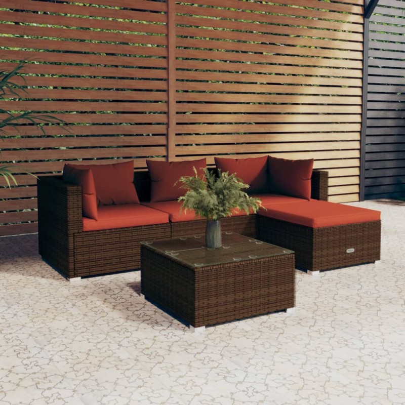 vidaXL Set sofás de jardín 5 piezas y cojines ratán sintético marrón vidaXL Set sofás de jardín 5 piezas y cojines ratán sintético marrón