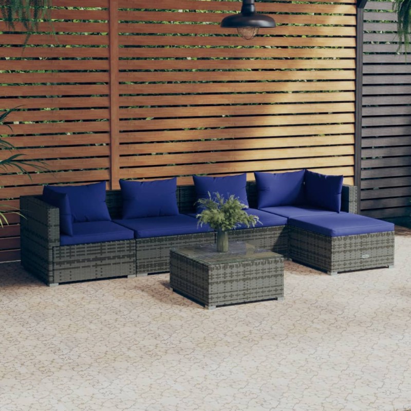 vidaXL Set de sofás de jardín 6 piezas y cojines ratán sintético gris vidaXL Set de sofás de jardín 6 piezas y cojines ratán sintético gris