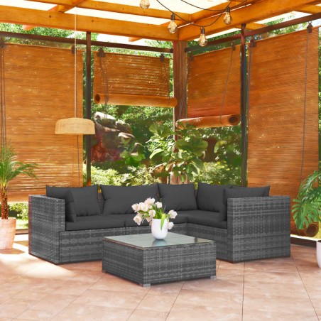 vidaXL Set de muebles de jardín 5 pzas y cojines ratán sintético gris