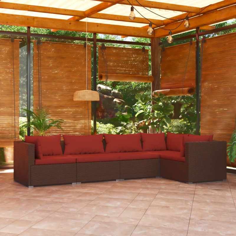 vidaXL Set sofás de jardín 5 piezas y cojines ratán sintético marrón vidaXL Set sofás de jardín 5 piezas y cojines ratán sintético marrón