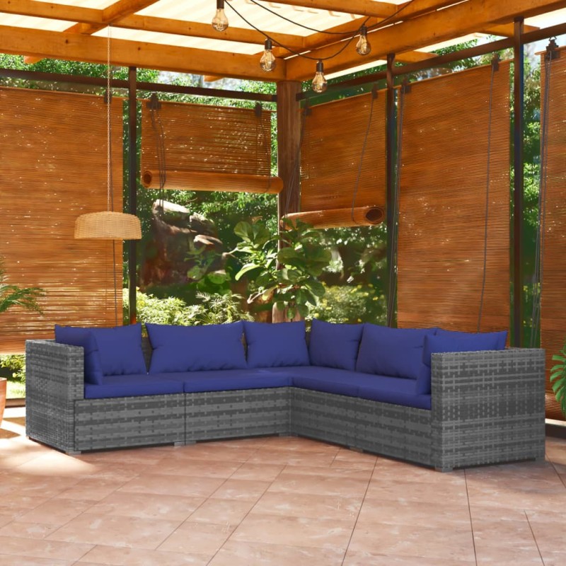 vidaXL Set de sofás de jardín 5 piezas y cojines ratán sintético gris vidaXL Set de sofás de jardín 5 piezas y cojines ratán sintético gris