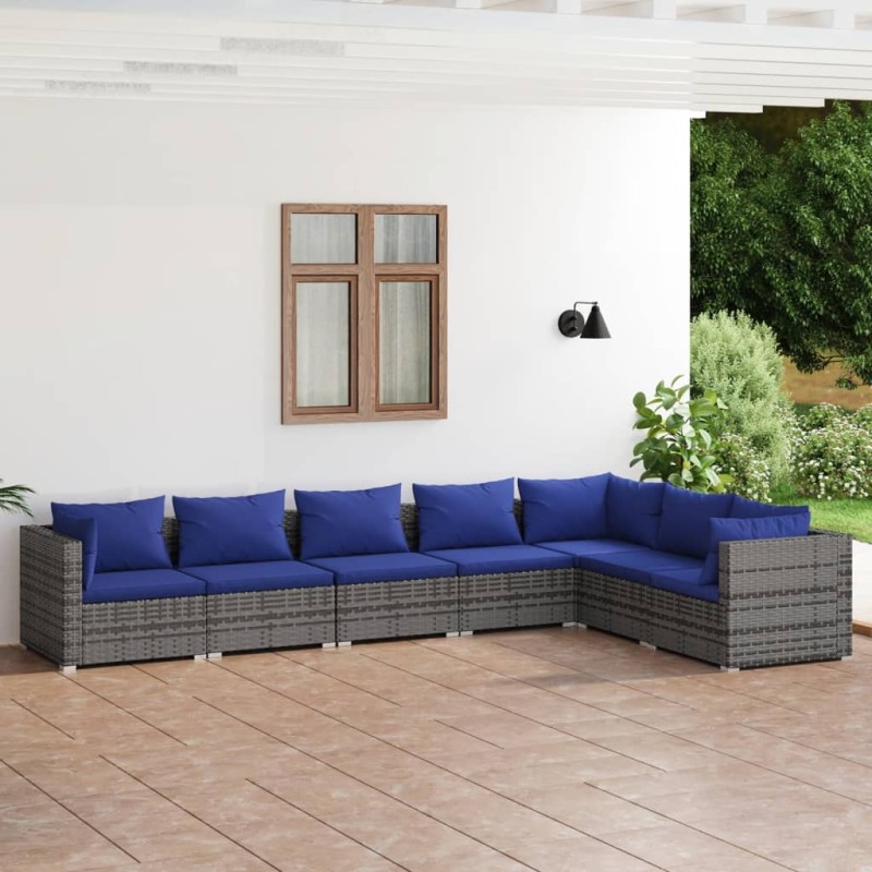 vidaXL Set de sofás de jardín 7 piezas y cojines ratán sintético gris vidaXL Set de sofás de jardín 7 piezas y cojines ratán sintético gris