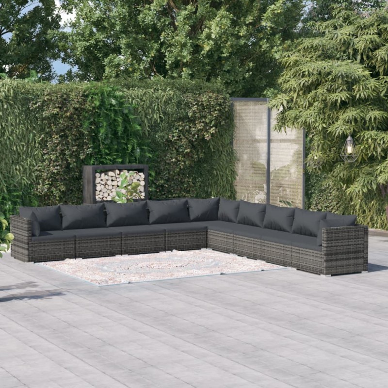 vidaXL Set de muebles de jardín 9 pzas y cojines ratán sintético gris vidaXL Set de muebles de jardín 9 pzas y cojines ratán sintético gris