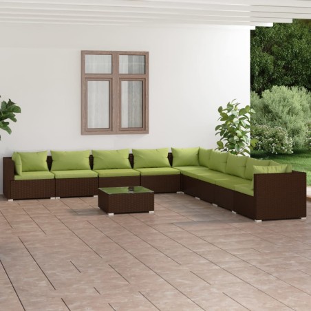 vidaXL Set muebles de jardín 10 pzas y cojines ratán sintético marrón