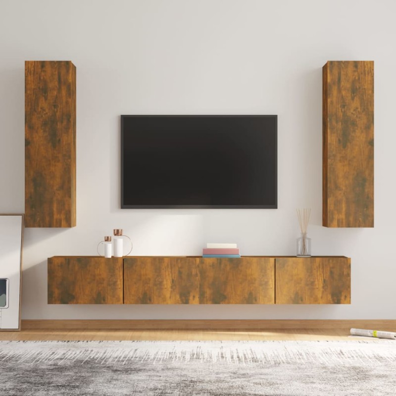 vidaXL Set de muebles de TV 4 pzas madera contrachapada roble ahumado vidaXL Set de muebles de TV 4 pzas madera contrachapada roble ahumado