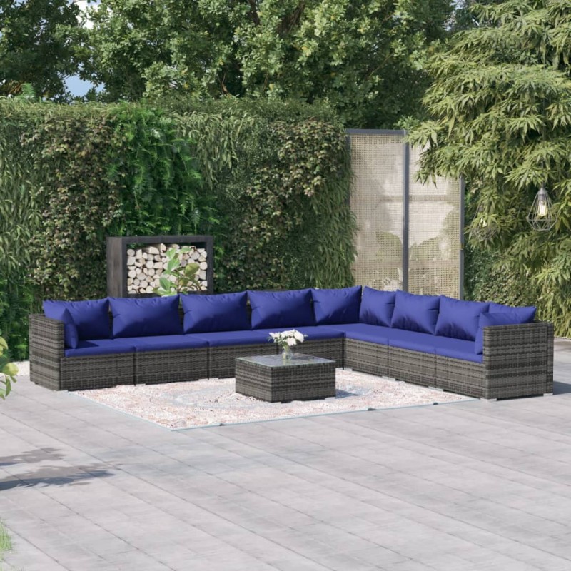 vidaXL Set de muebles de jardín 9 pzas y cojines ratán sintético gris vidaXL Set de muebles de jardín 9 pzas y cojines ratán sintético gris