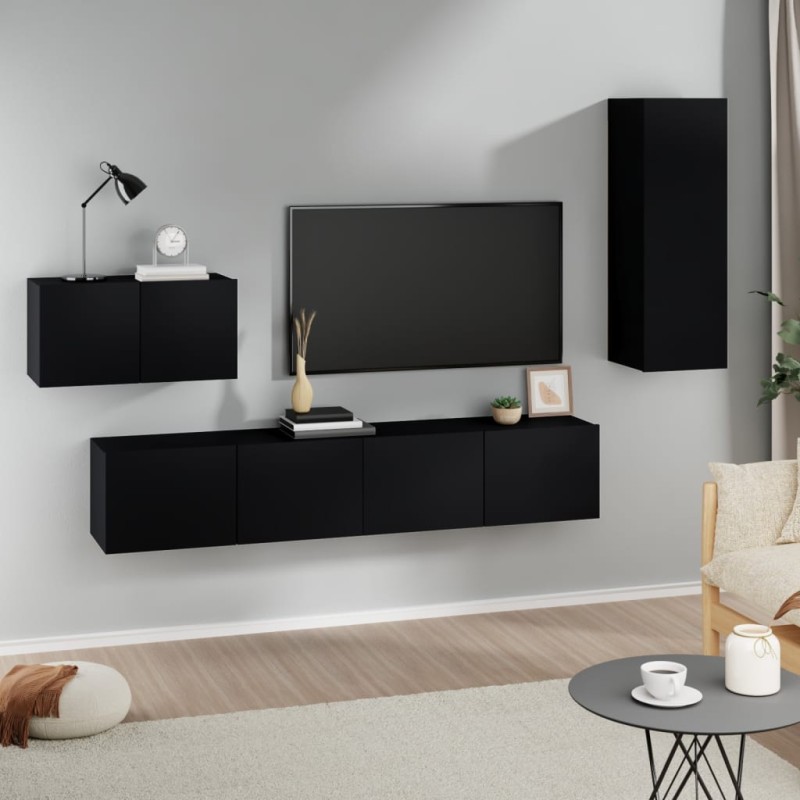 vidaXL Set de muebles para TV 4 piezas madera contrachapada negro vidaXL Set de muebles para TV 4 piezas madera contrachapada negro