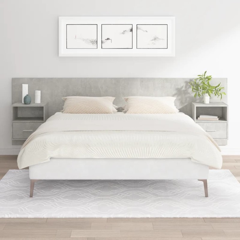 vidaXL Cabecero de cama con mesitas madera contrachapada gris hormigón vidaXL Cabecero de cama con mesitas madera contrachapada gris hormigón