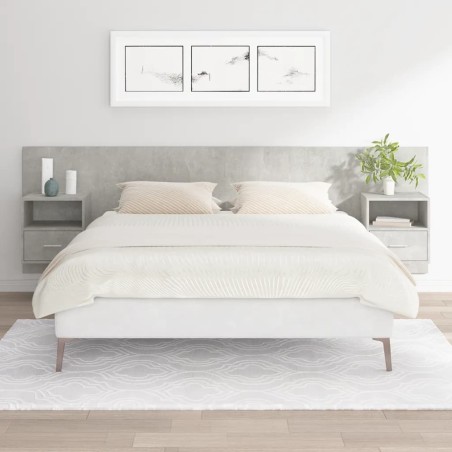 vidaXL Cabecero de cama con mesitas madera contrachapada gris hormigón