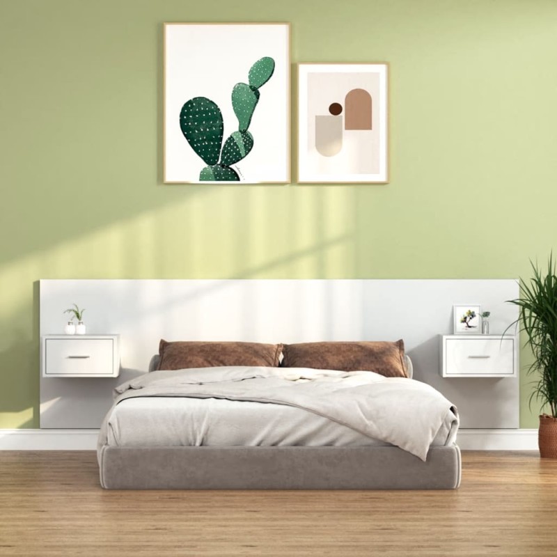 vidaXL Cabecero de cama y mesitas madera contrachapada blanco brillo vidaXL Cabecero de cama y mesitas madera contrachapada blanco brillo