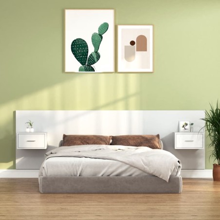 vidaXL Cabecero de cama y mesitas madera contrachapada blanco brillo