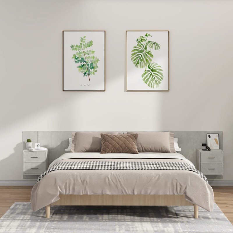 vidaXL Cabecero de cama y mesitas madera contrachapada gris hormigón vidaXL Cabecero de cama y mesitas madera contrachapada gris hormigón