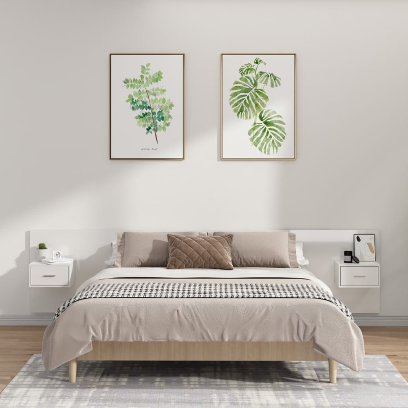 vidaXL Cabecero de cama y mesitas madera contrachapada blanco brillo