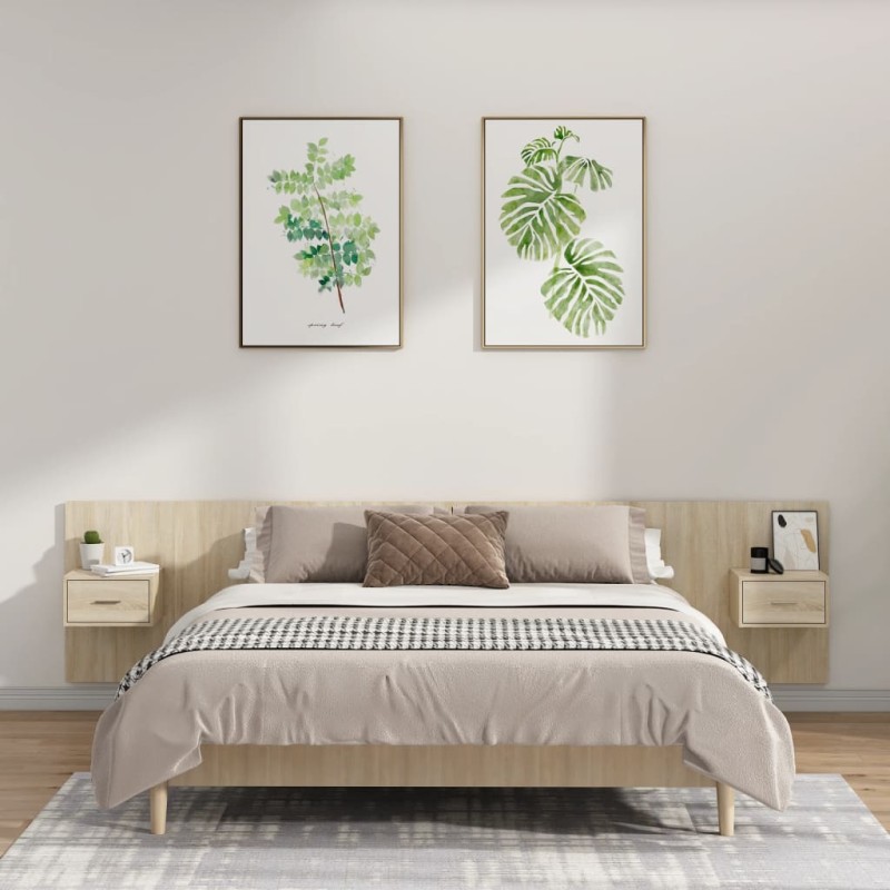 vidaXL Cabecero de cama con mesitas madera contrachapada roble Sonoma