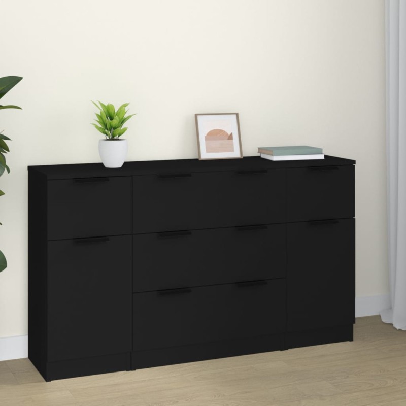 vidaXL Set de aparador de 3 piezas de madera contrachapada negro vidaXL Set de aparador de 3 piezas de madera contrachapada negro