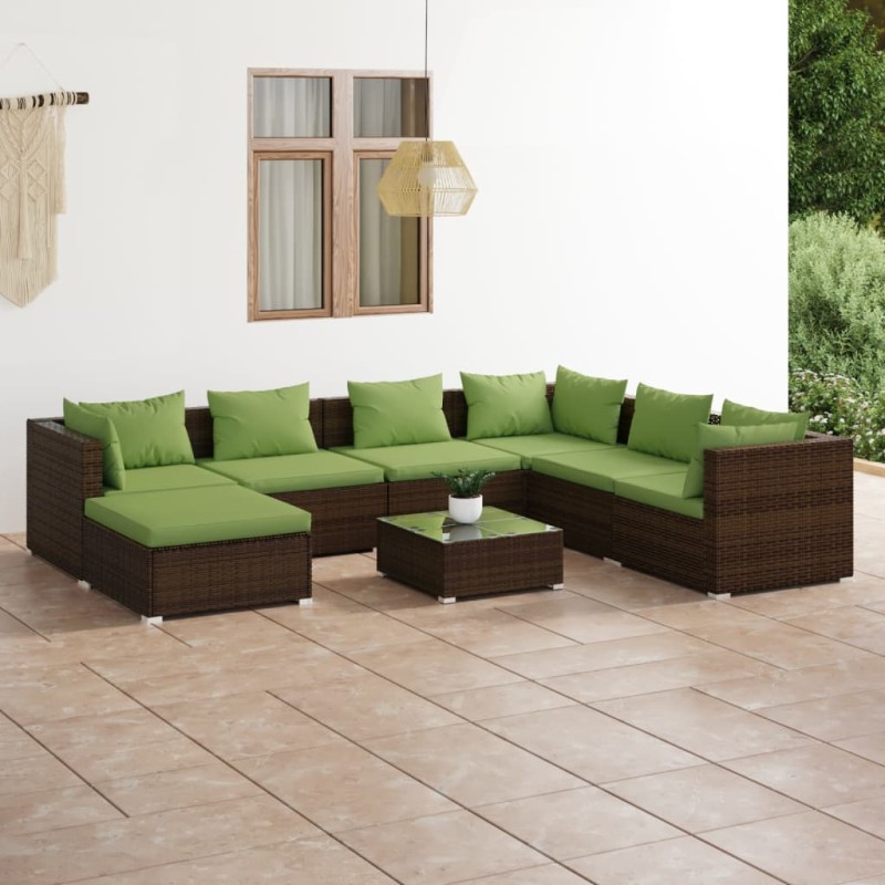 vidaXL Set sofás de jardín 8 piezas y cojines ratán sintético marrón vidaXL Set sofás de jardín 8 piezas y cojines ratán sintético marrón