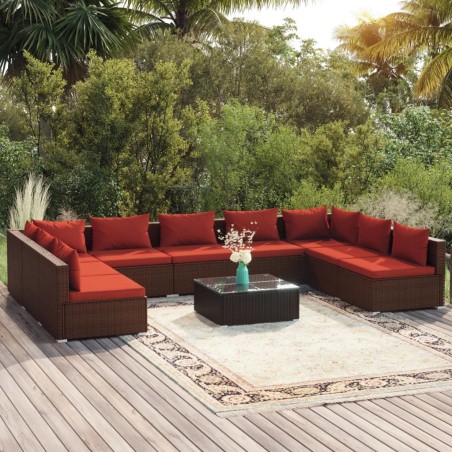vidaXL Set muebles de jardín 10 pzas y cojines ratán sintético marrón
