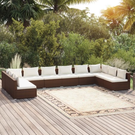 vidaXL Set muebles de jardín 10 pzas y cojines ratán sintético marrón