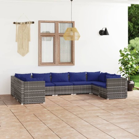 vidaXL Set de muebles de jardín 9 pzas y cojines ratán sintético gris