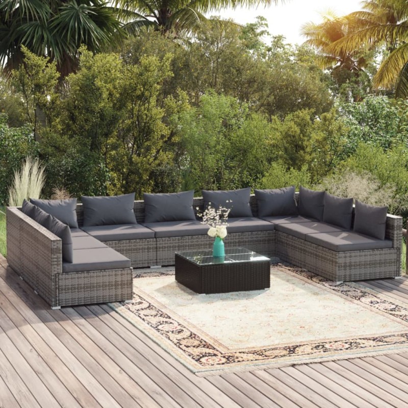 vidaXL Set de muebles de jardín 10 pzas y cojines ratán sintético gris vidaXL Set de muebles de jardín 10 pzas y cojines ratán sintético gris
