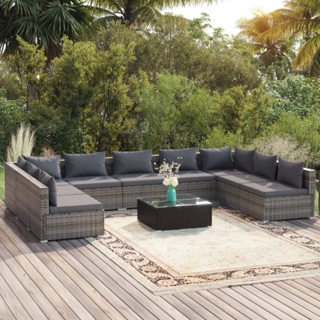 vidaXL Set de muebles de jardín 10 pzas y cojines ratán sintético gris