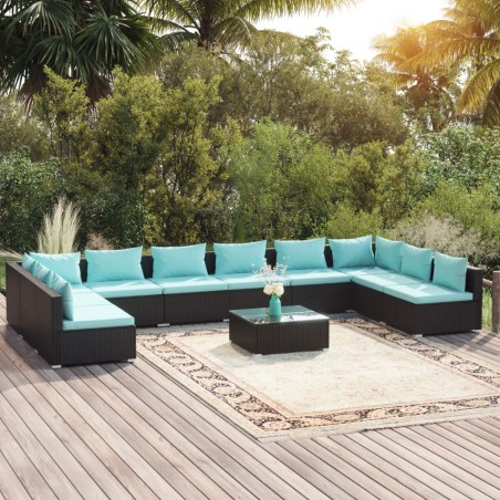 vidaXL Set muebles de jardín 11 pzas y cojines ratán sintético negro