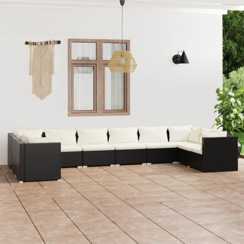 vidaXL Set de muebles de jardín 10 pzs y cojines ratán sintético negro vidaXL Set de muebles de jardín 10 pzs y cojines ratán sintético negro