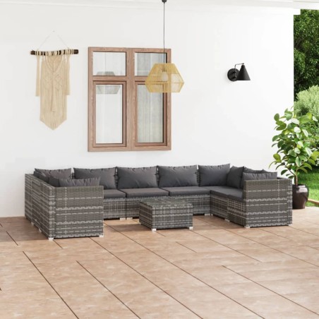 vidaXL Set de muebles de jardín 10 pzas y cojines ratán sintético gris
