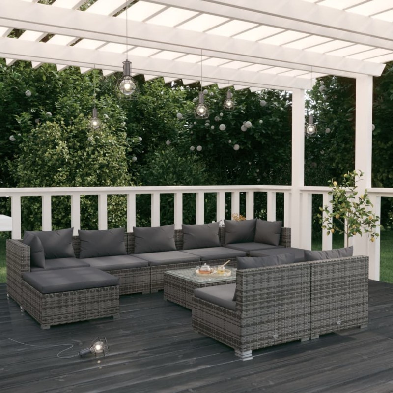 vidaXL Set de muebles de jardín 10 pzas y cojines ratán sintético gris vidaXL Set de muebles de jardín 10 pzas y cojines ratán sintético gris