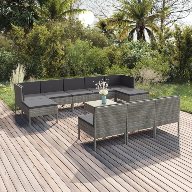 vidaXL Set de muebles de jardín 11 pzas y cojines ratán sintético gris