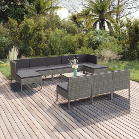 vidaXL Set de muebles de jardín 11 pzas y cojines ratán sintético gris