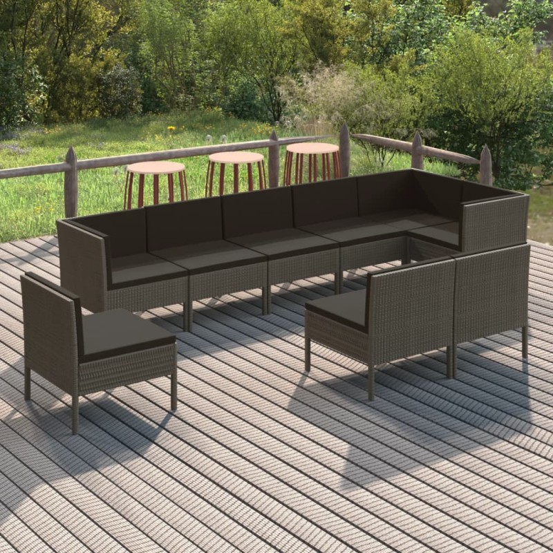 vidaXL Set de muebles de jardín 9 pzas y cojines ratán sintético gris vidaXL Set de muebles de jardín 9 pzas y cojines ratán sintético gris