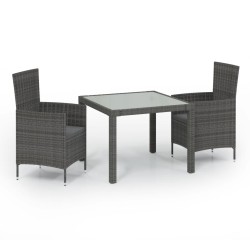 vidaXL Set de comedor de jardín 3 pzas y cojines ratán sintético gris