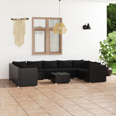 vidaXL Set de muebles de jardín 10 pzas cojines ratán sintético negro
