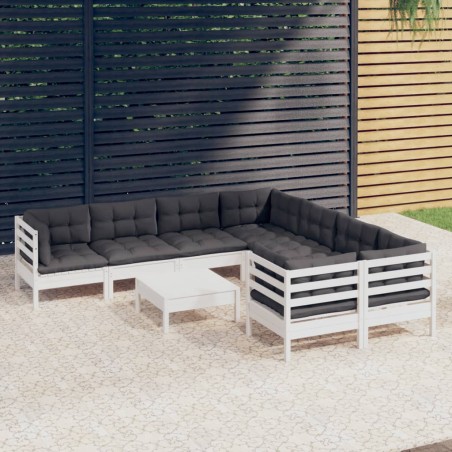 vidaXL Muebles de jardín 9 pzas y cojines blanco madera de pino