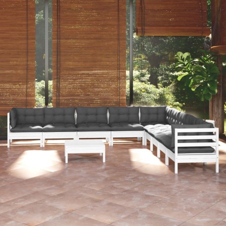 vidaXL Muebles de jardín 10 pzas con cojines blanco madera maciza pino