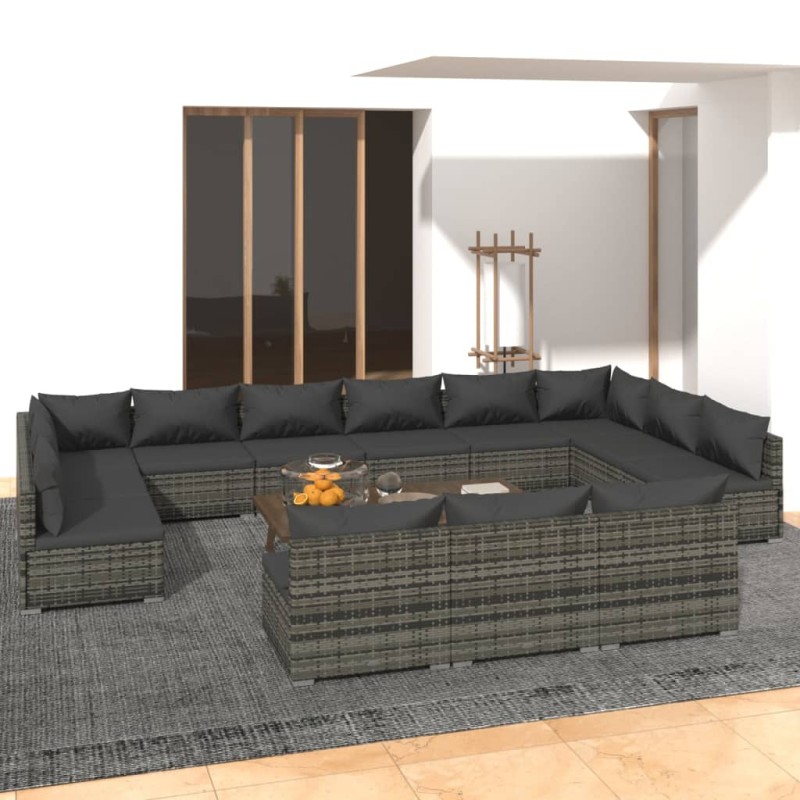 vidaXL Set de muebles de jardín 13 pzas y cojines ratán sintético gris vidaXL Set de muebles de jardín 13 pzas y cojines ratán sintético gris