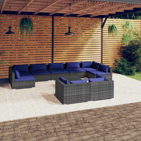 vidaXL Set de muebles de jardín 10 pzas y cojines ratán sintético gris