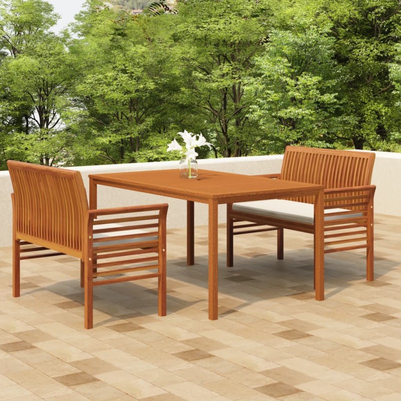 vidaXL Set comedor de jardín 3 pzas y cojines madera maciza de acacia